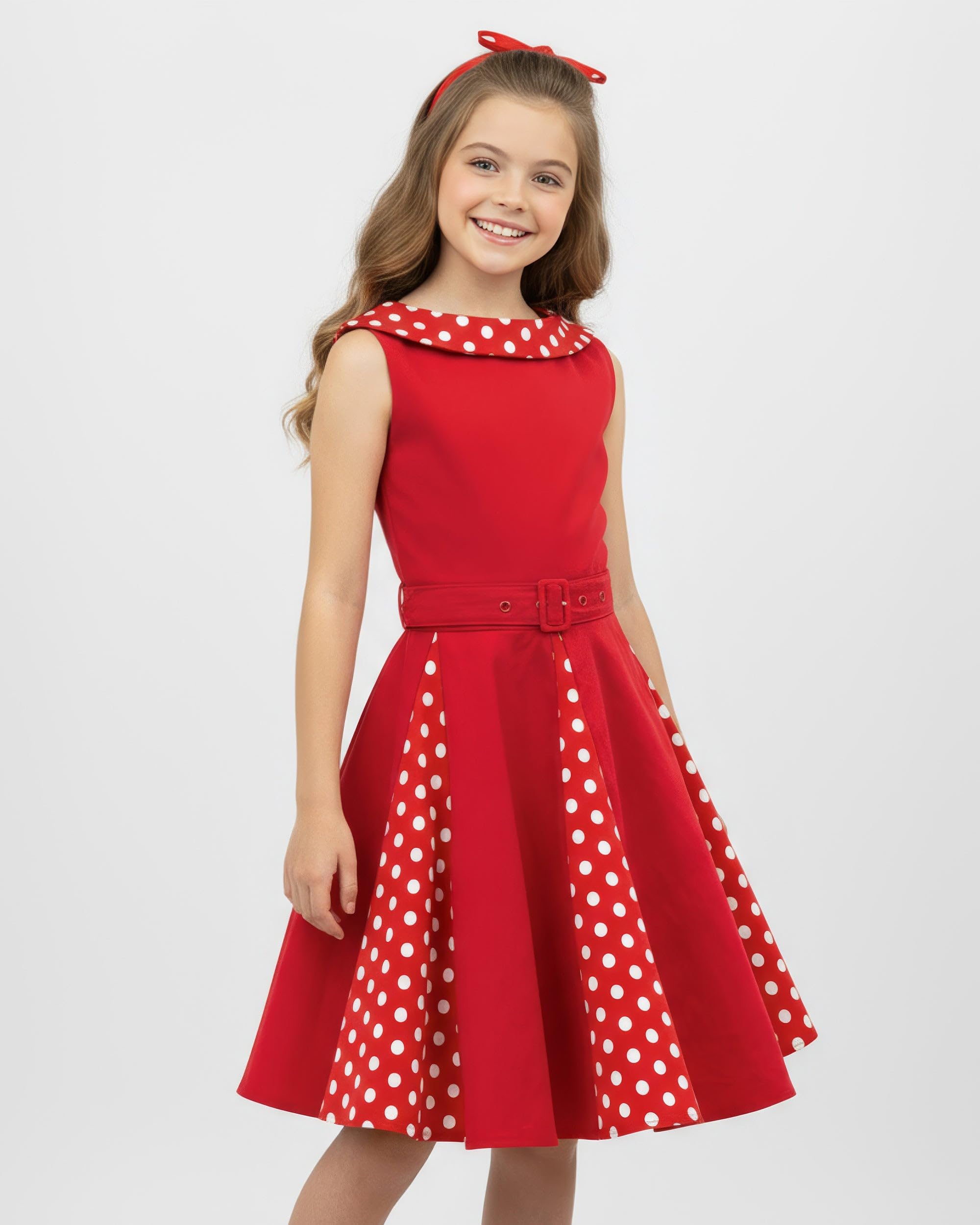 BlackButterfly Vestido Niña Alexia Escote Barco | Falda Circular, Panel de Lunares, Sin Mangas, Forro Interior, Cremallera Trasera, Cinturón Extraíble, 3-14 Años