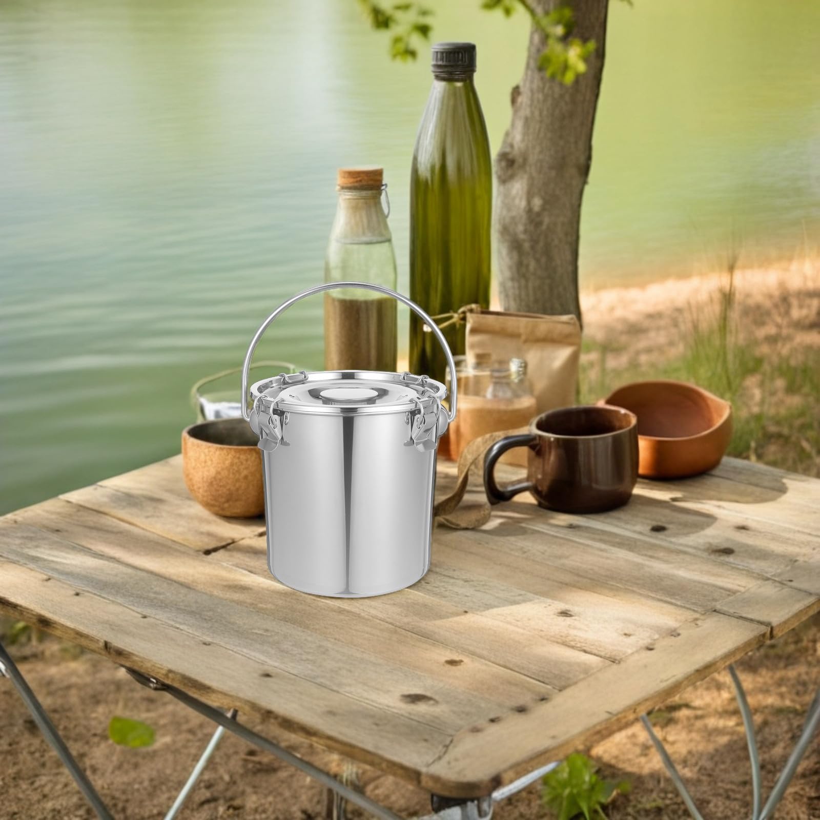 Cubo de Acero Inoxidable Hermético con Tapa Sellada y Asa Recipiente Multiuso para Almacenamiento de Arroz Leche Aceite y Sopa para Transporte y Catering