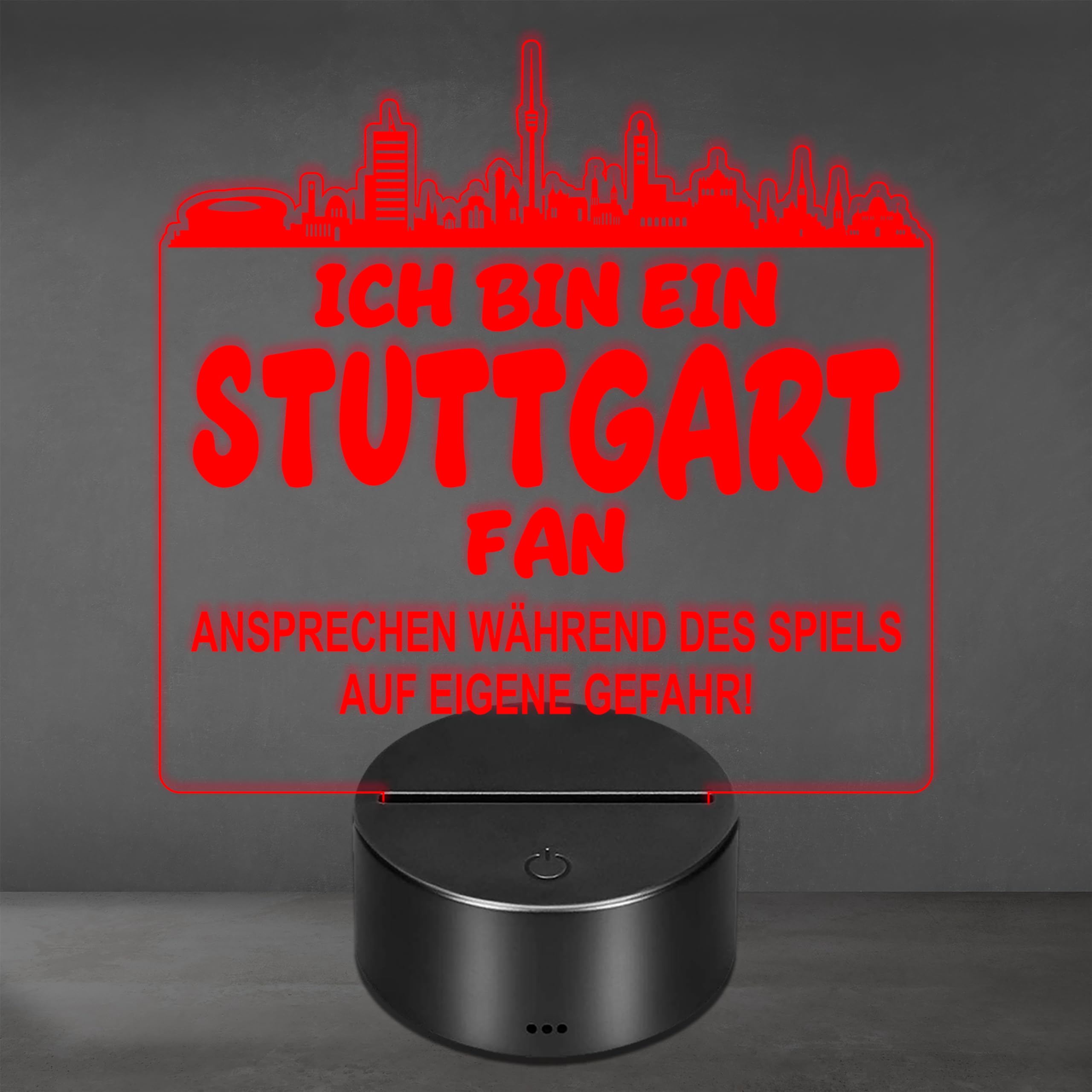 Lieblingsmensch Stuttgart Fan Fußball LED Nachtlicht – 3D Skyline Design „Ansprechen auf eigene Gefahr“ – RGB Farbwechsel mit Fernbedienung & Touch – Stimmungslicht für die Man Cave – 19x23cm