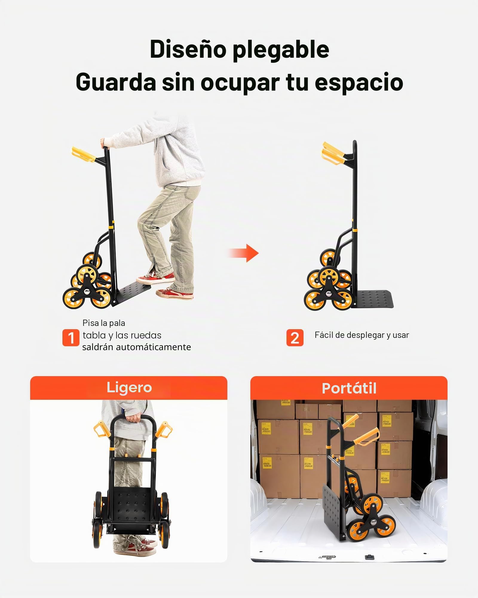 VEVOR Carretilla de Mano Plegable con Asa Telescópica, Carga Máxima 150 kg, Carro Sube Escaleras Resistente con 6 Ruedas y 2 Cuerdas, Marco de Acero al Carbono, para Hogar Oficina Compra y Almacén