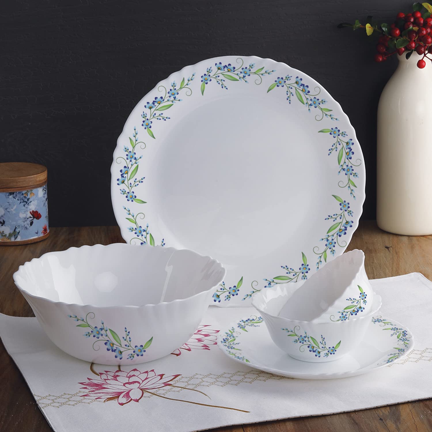 Cello Imperial Blue Creeper Dinner Set, 13 Units, White