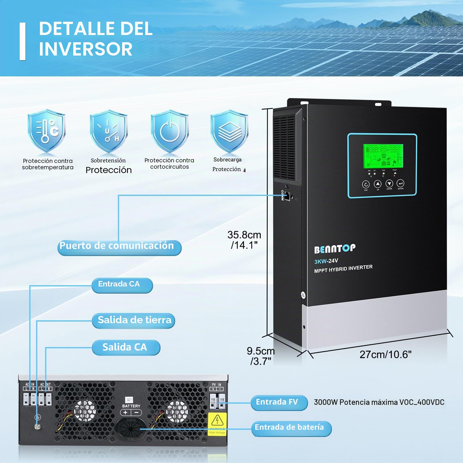 Inversor híbrido 24V a 230v 220v Onda Pura 3000W Off-Grid Solar Inversor,80A MPPT Controlador Solar, MAX.PV 400Vdc,admite baterías de Plomo-ácido y Litio