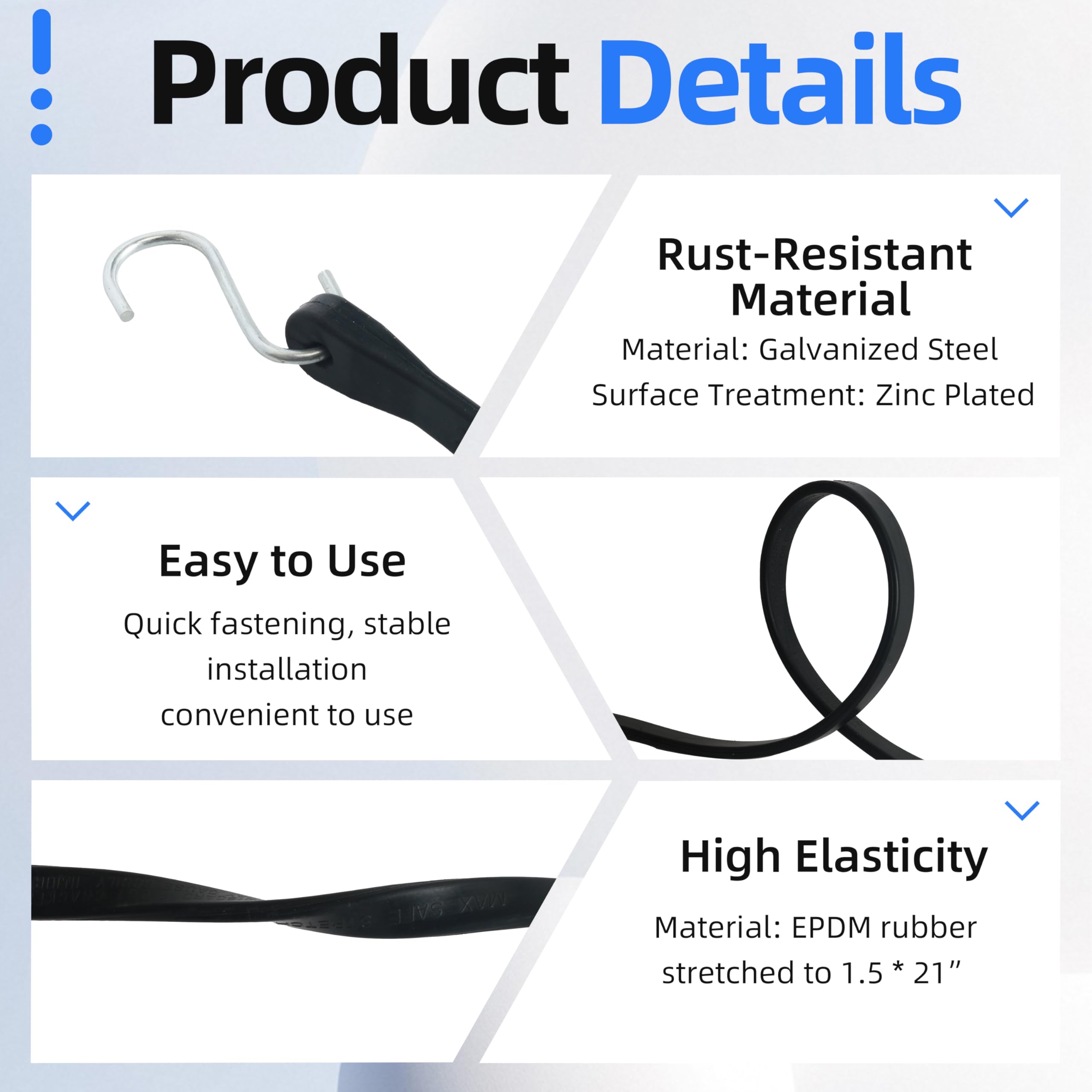 Paquete de 100 cuerdas elásticas de goma con ganchos, correas de lona resistentes de 21 pulgadas para exteriores, elasticidad máxima 1.5X, carga de 185 libras, para camping, fijación de carga