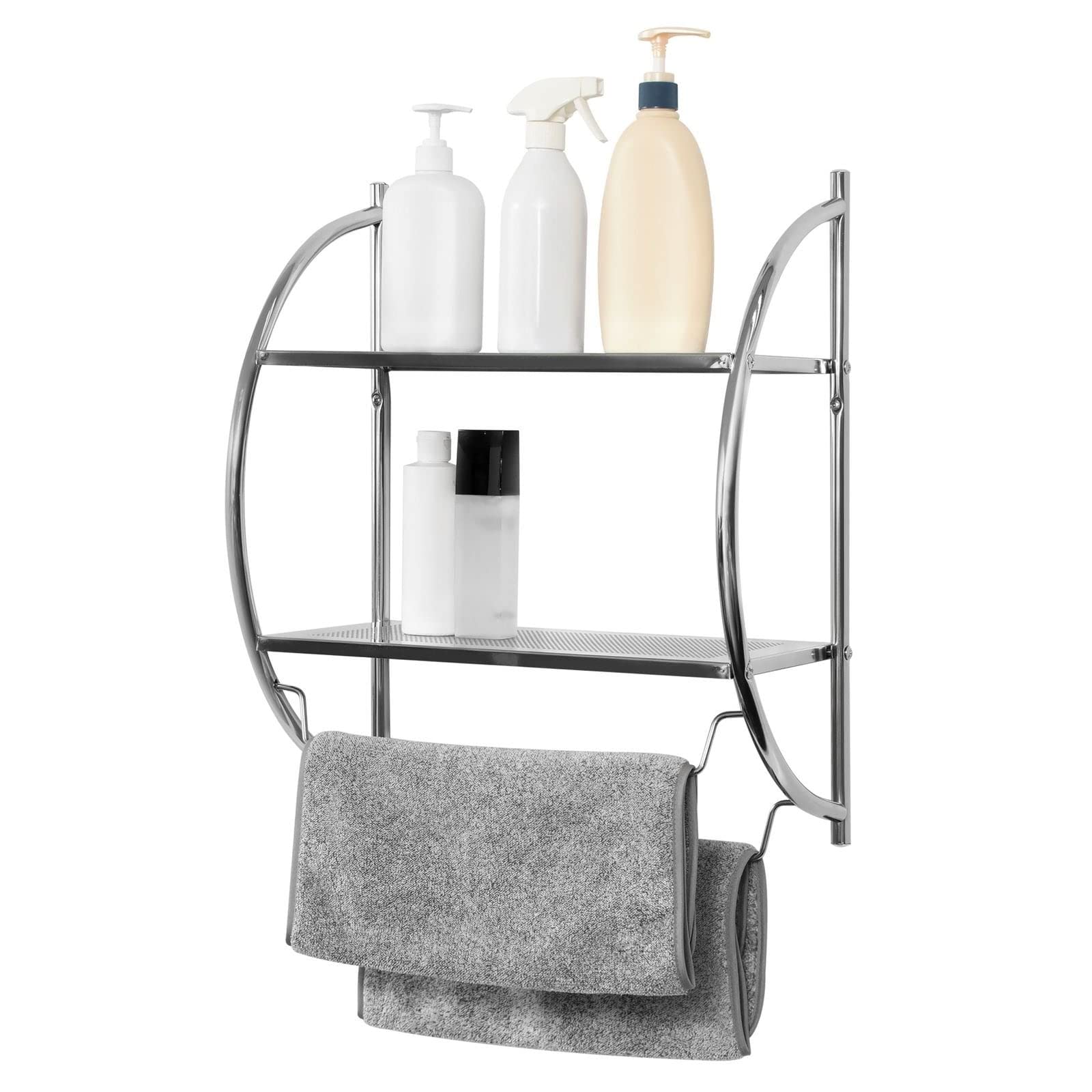 2 Tier Silver Chrome Metal Wall Mounted Bathroom Shelf Modern Contemporary Steel