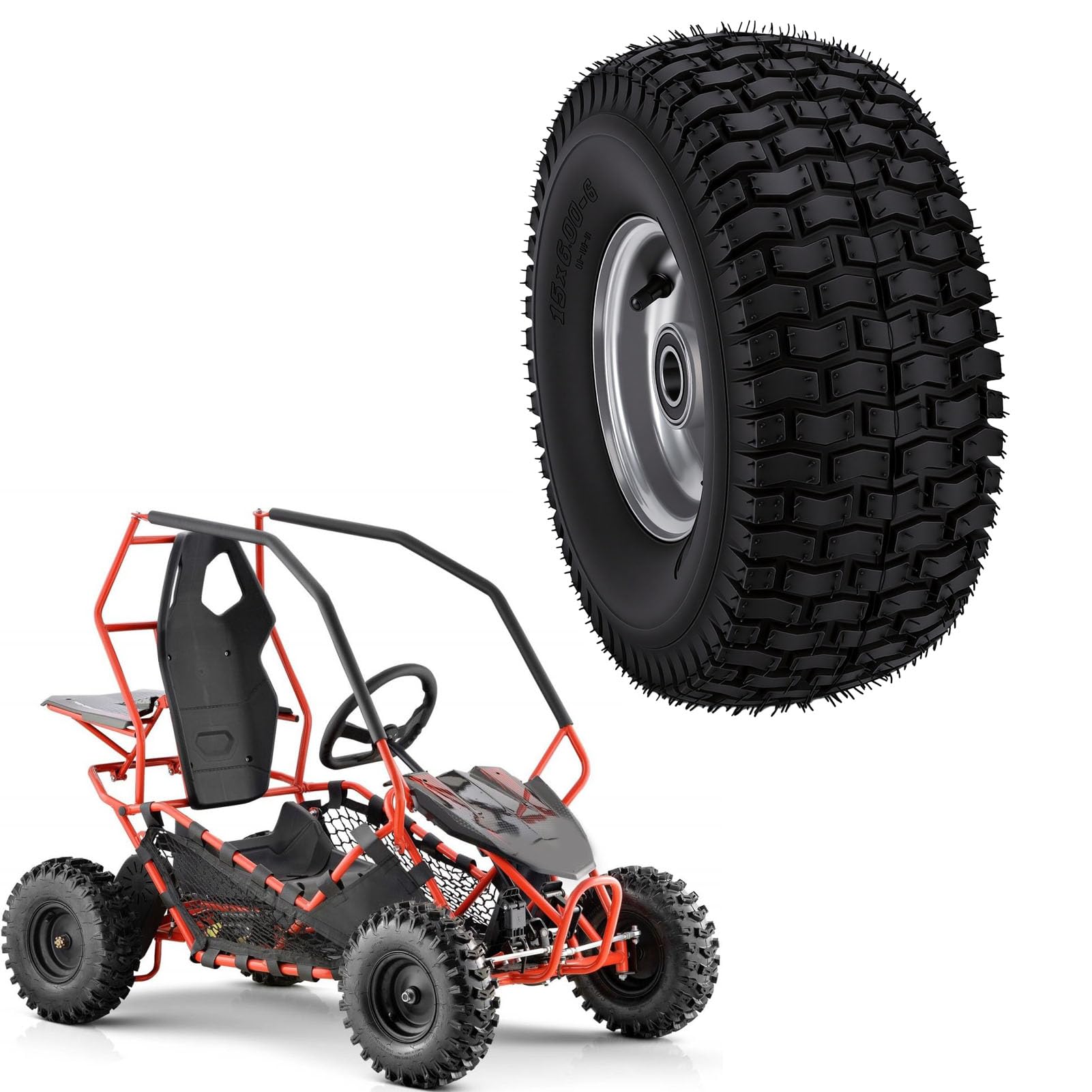 15x6.00-6 Opona Bezdętkowa 6 Cali, Antypoślizgowe Koła Gokartowe z piastą ze Stopu Aluminium 25mm łożysko do Mini Roweru ATV Kosiarka