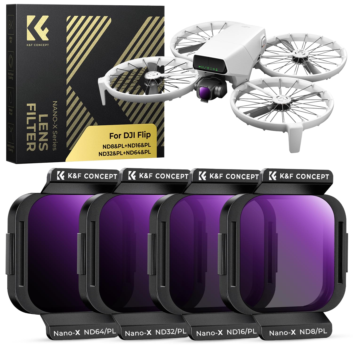 K&F Concept ND/PL Filter Set Compatible with DJI Flip, 4 Pack ND8/PL ND16/PL ND32/PL ND64/PL Neutral Density Polarizing Drone Camera Lens Filters Kit,