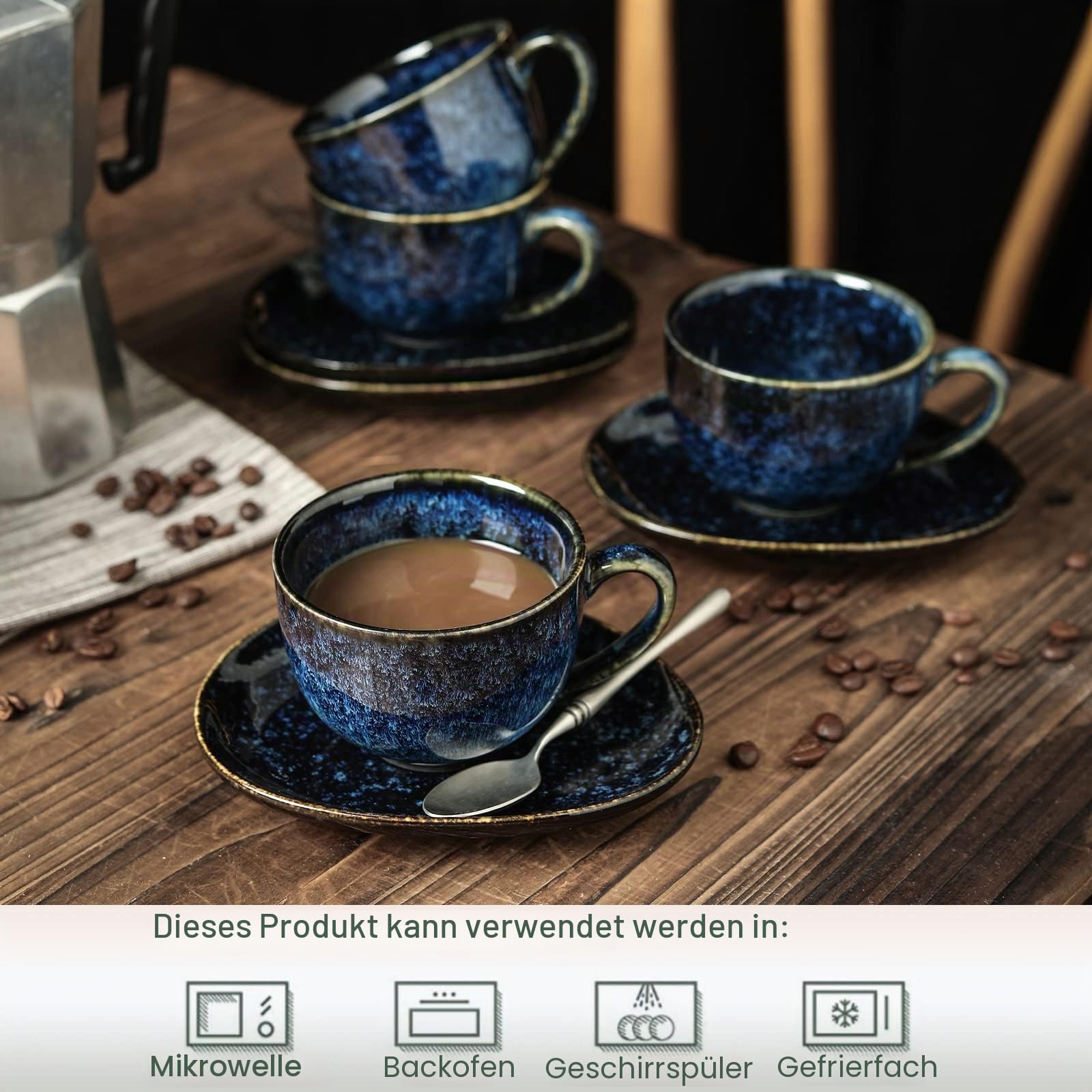 vicrays Cappuccino-Tassen mit Untertassen, Keramik, für Au Lait, Double Shot, Latte, Café, Mokka, Tee, 185 ml, 4 Stück (Sternenblau)