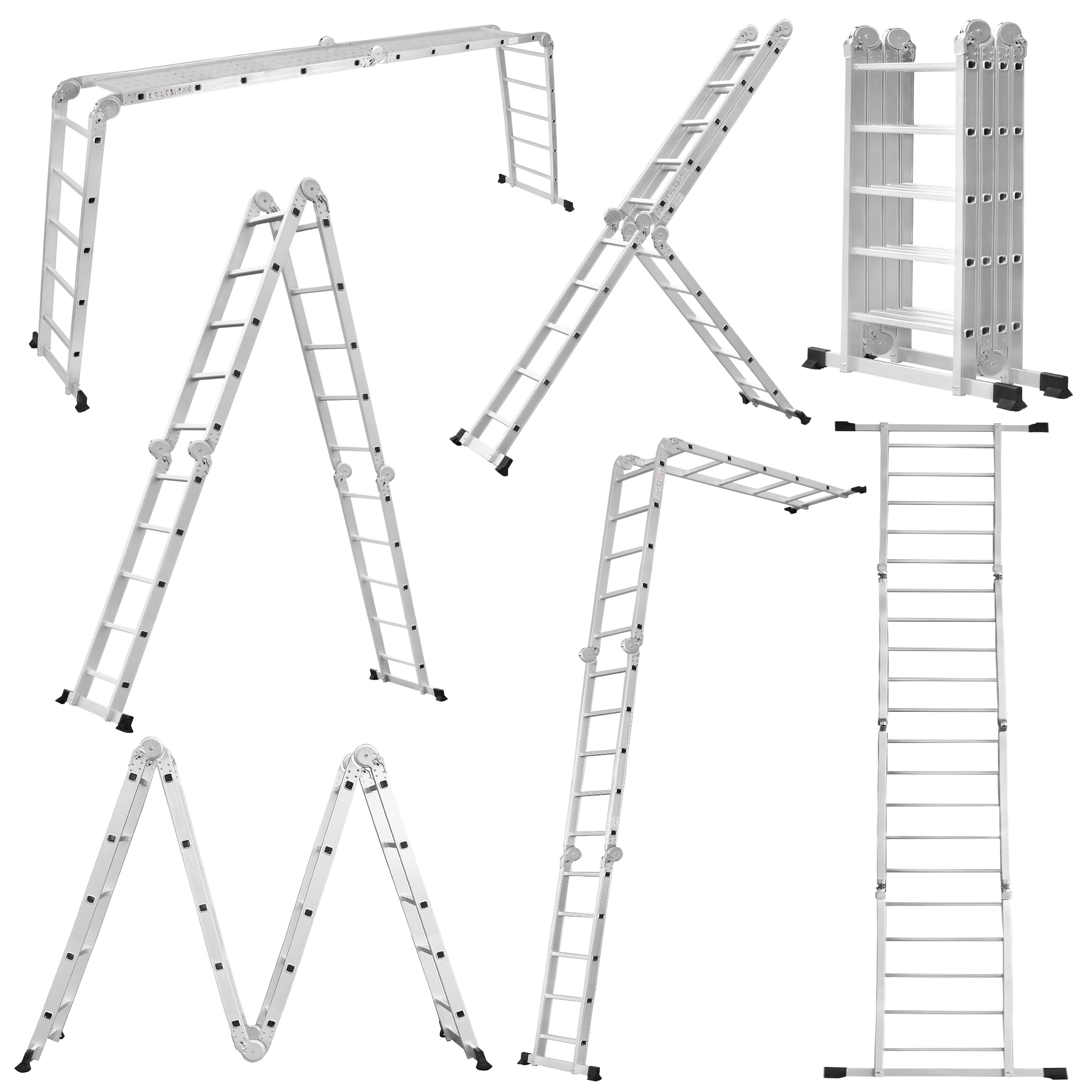 LARS360 7-in-1 Multi-Purpose Ladder, 580 cm, Aluminium, 4 x 5 Steps, Folding, Joint, Household Ladder with Platform and Wheels, Stepladder, Maximum