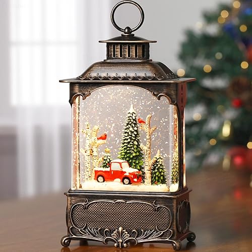 Miniatura 7 de Linterna de globo de nieve para decoración de Navidad, luz musical de globo de nieve con temporizador, caja de música con USB y batería, camión rojo