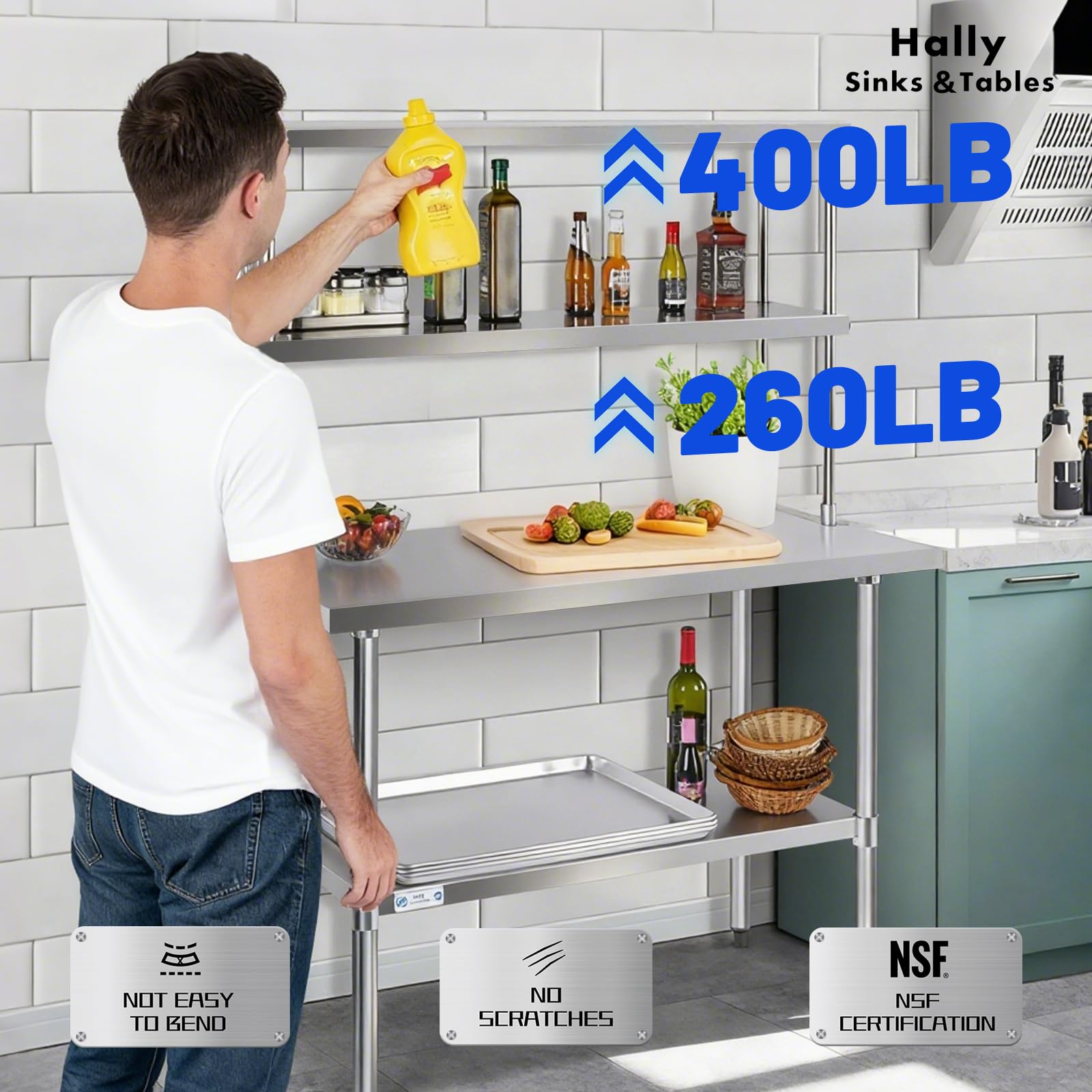 Hally - Estante doble de acero inoxidable de 12 x 60 pulgadas, capacidad de peso de 400 libras, estantes comerciales NSF de 2 niveles para mesa de preparación y trabajo en restaurante, hogar y cocina