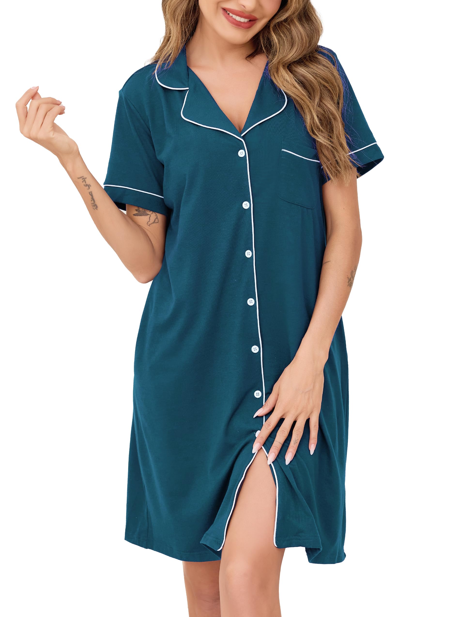 Wikoan Damen Nachthemd Kurzarm Baumwolle Nachthemd mit Knopfleiste Schlafshirt V-Ausschnitt Nachtwäsche Sommer Stillnachthemd Sleepshirt S-XXL