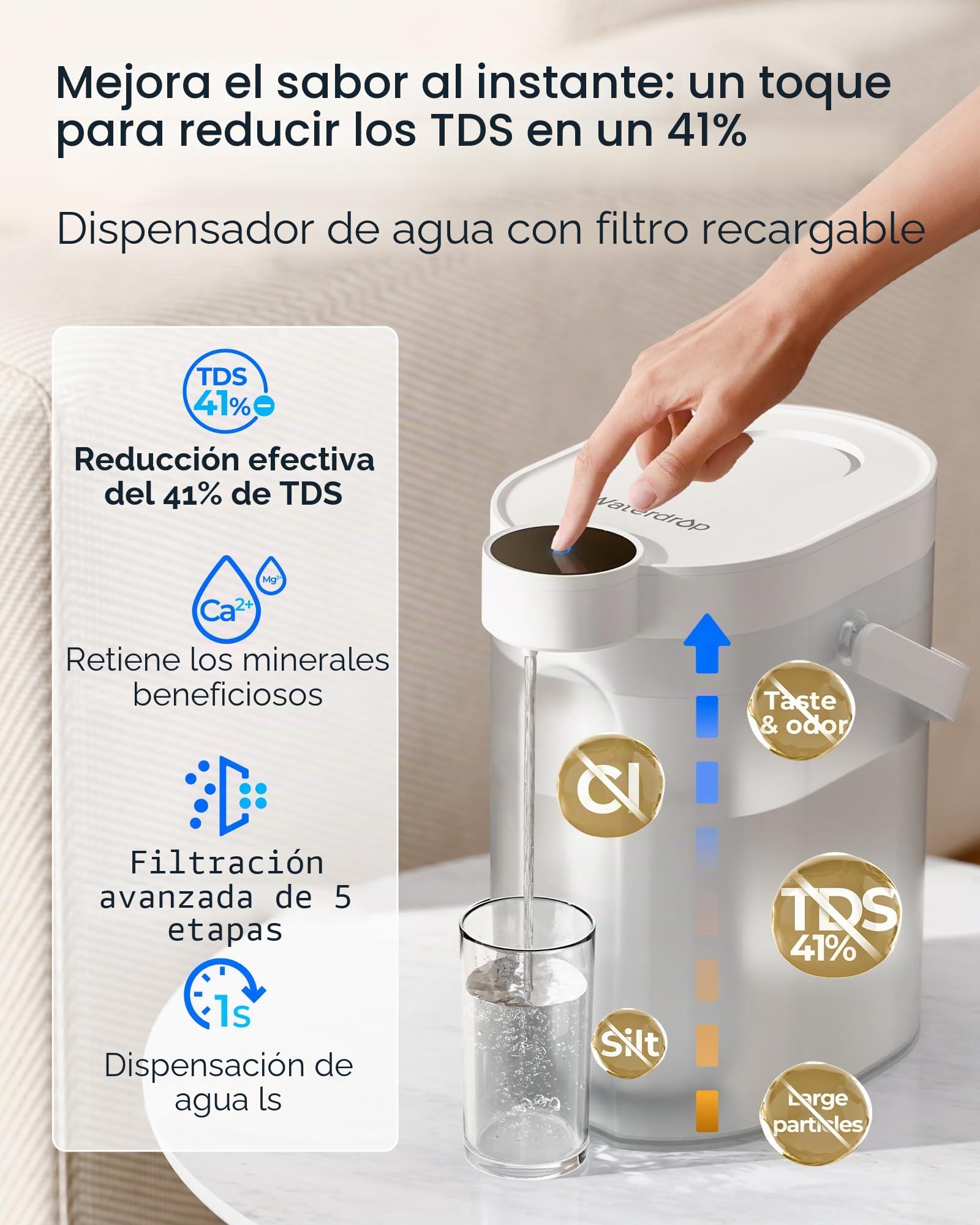 Waterdrop Dispensador de filtro de agua instantáneo TDS Reduction, jarra de filtro de agua recargable de 5 etapas, mejora instantáneamente el sabor