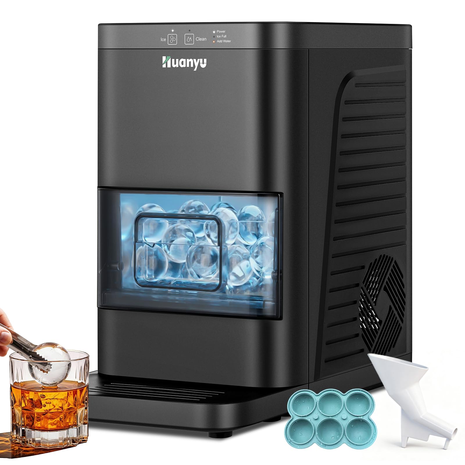 Huanyu Machine à glaçons sphériques transparents de 55 mm, 2 glaçons en 80 minutes. Machine à glaçons sphériques avec fonction d'auto-nettoyage, pour le whisky, le bourbon et les cocktails