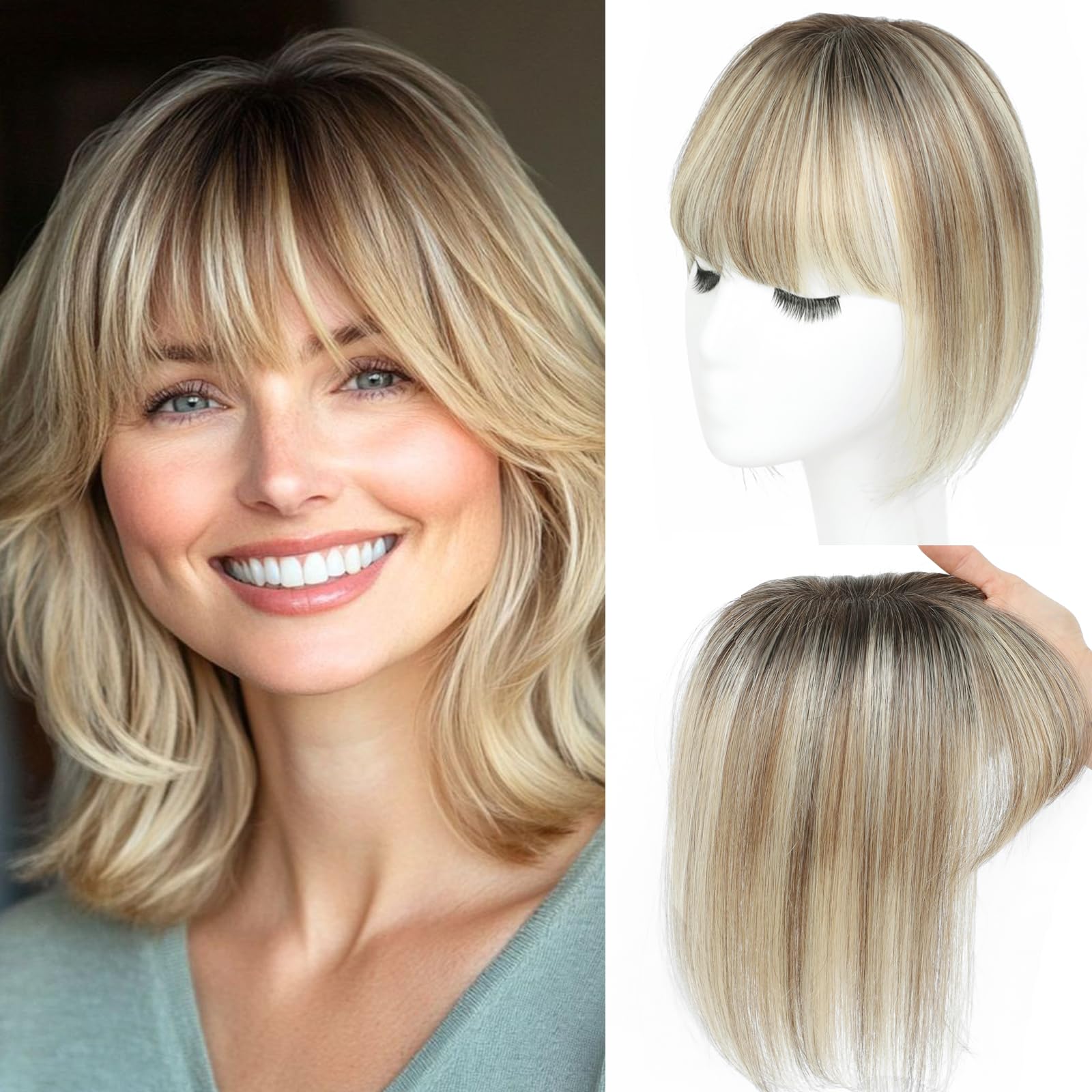SARO-UP Hair Toppers for Women Real Human Hair Toppers for Women with Thinning Hair Pieces with Bangs Top Handmade Swiss Base HairPieces 10Inch (Ombre