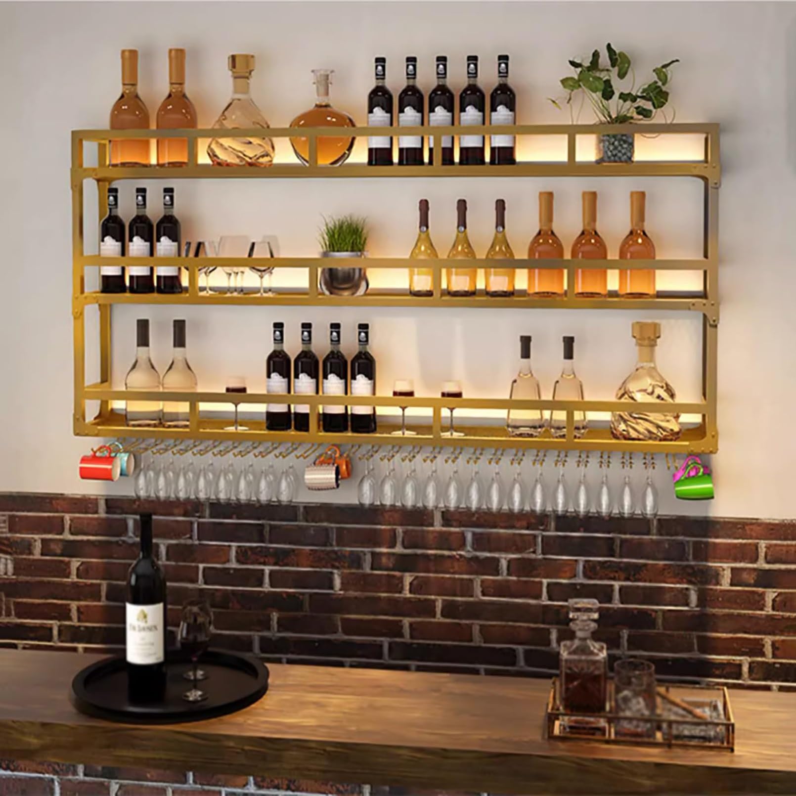 Casier à vin mural en métal avec support à verres à pied