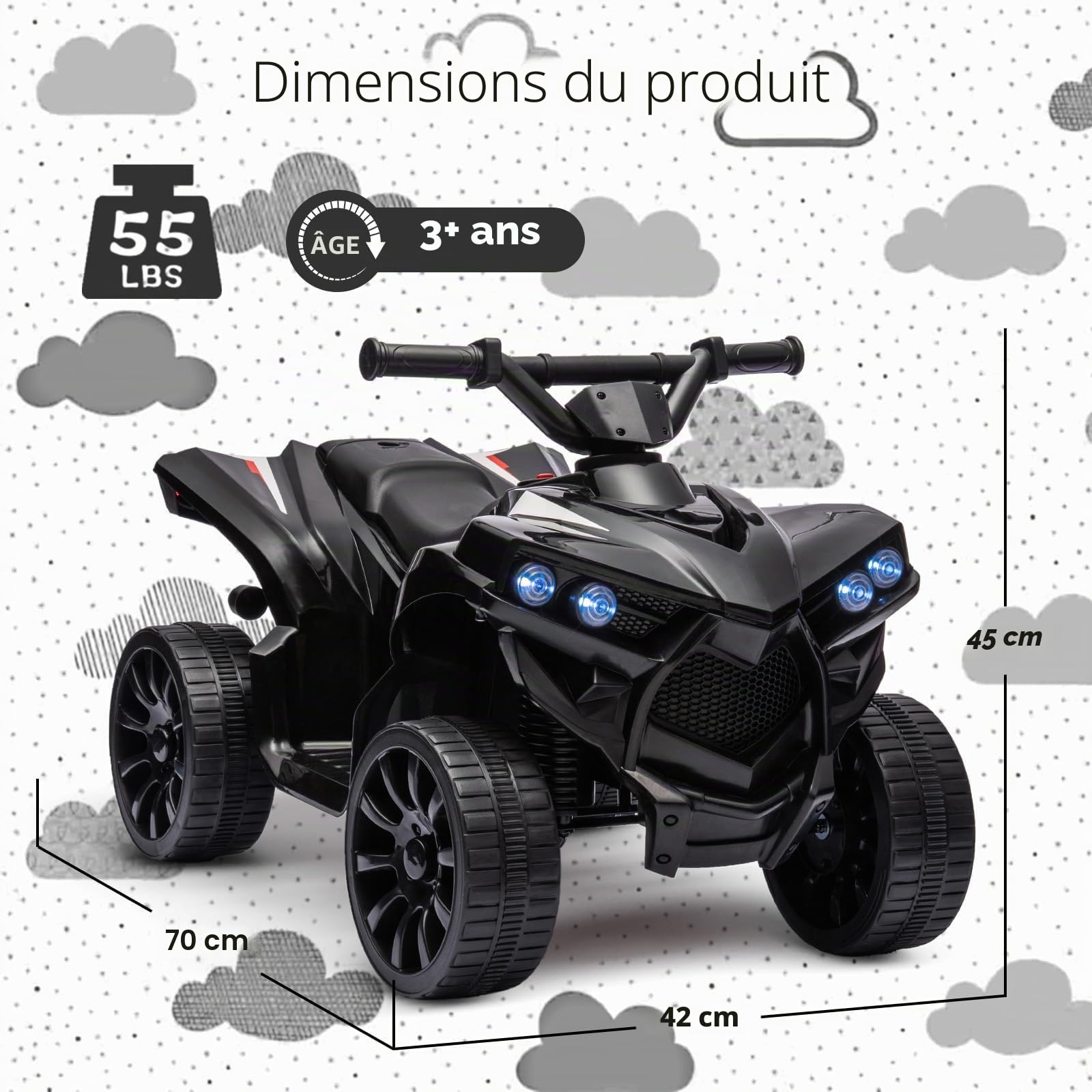 Garvee Quad Électrique Enfant, Voiture Électrique pour Enfants avec LED Et Musique,1.5-3 km/h, Klaxon, ATV pour Enfants 3+