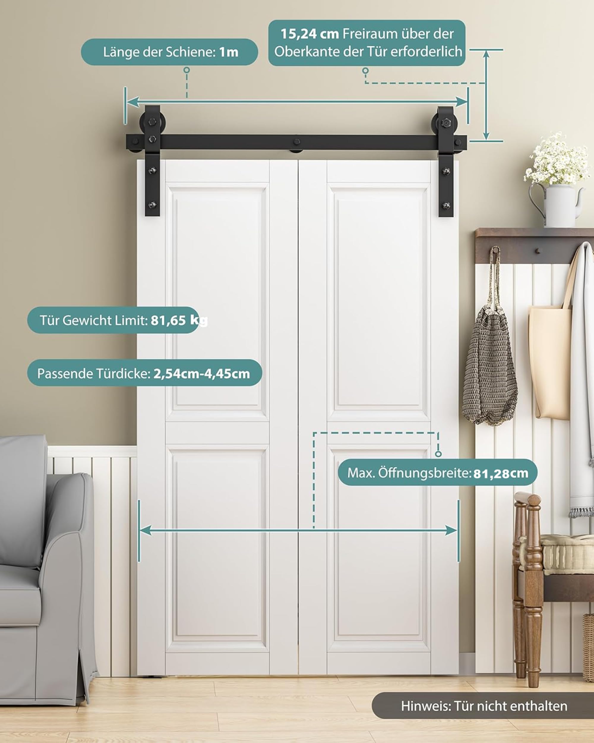 Signstek Kit complet de ferrures de porte coulissante à double volet, 1 m, pour système de ferrure directionnel unilatéral, système de porte coulissante pliante pour bois double porte 45,72 cm