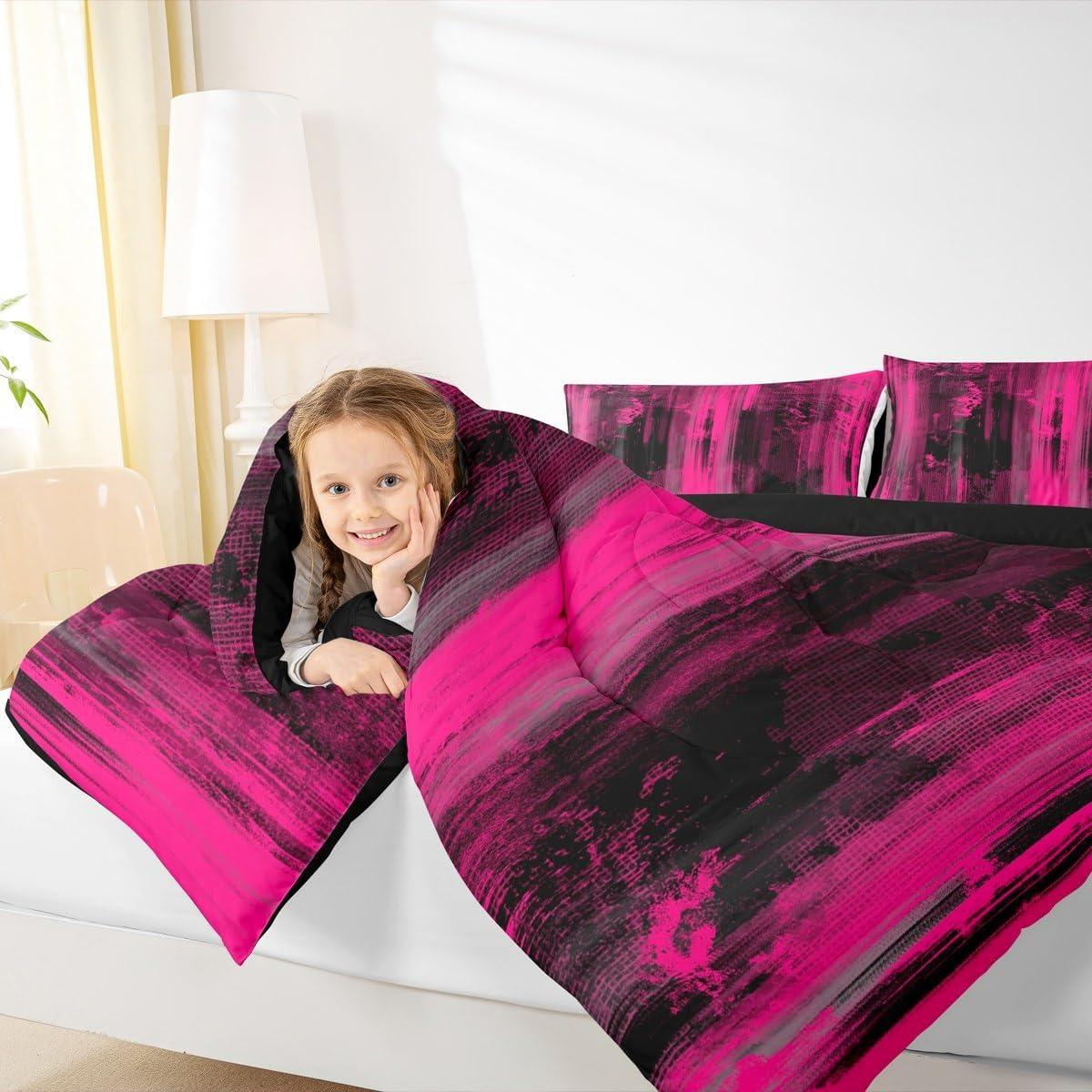 Feelyou Abstract Comforter Set Twin Size Modern Abstract Art Bedding Set for Kids Boys Girls Hot Pink Black Duvet Quilt Luxury Bedroom Decor Microfiber 2 Pcs with 1 Pillow Cases