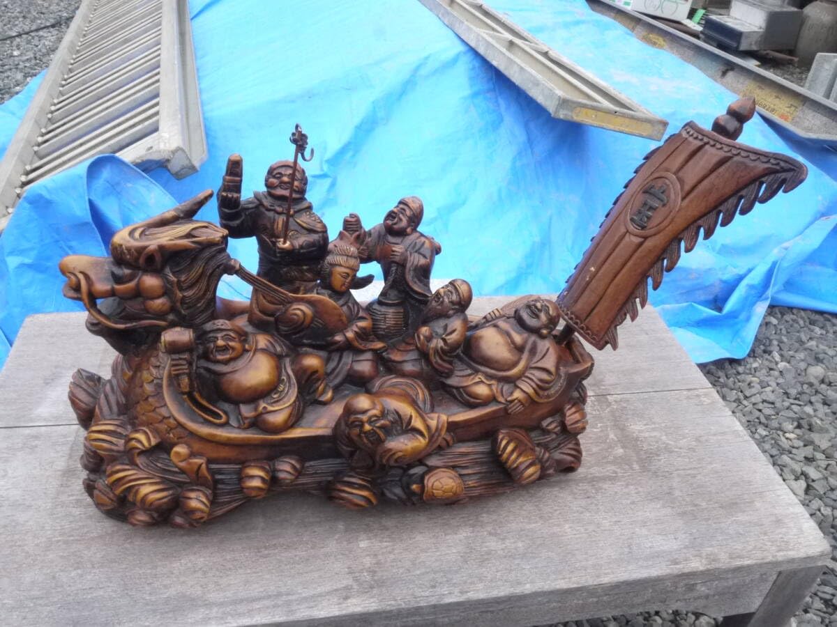 Amazon.co.jp: 【HS40530】木彫り七福神宝船木製特大縁起物