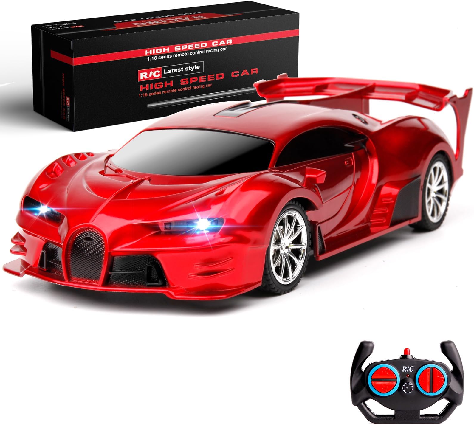 Remote Control Car Rechargeable High Speed 1/18 RC Cars Toys for Boys Girls Vehicle Racing Hobby with Headlight Christmas Birthday Gifts for Kids (Red)
