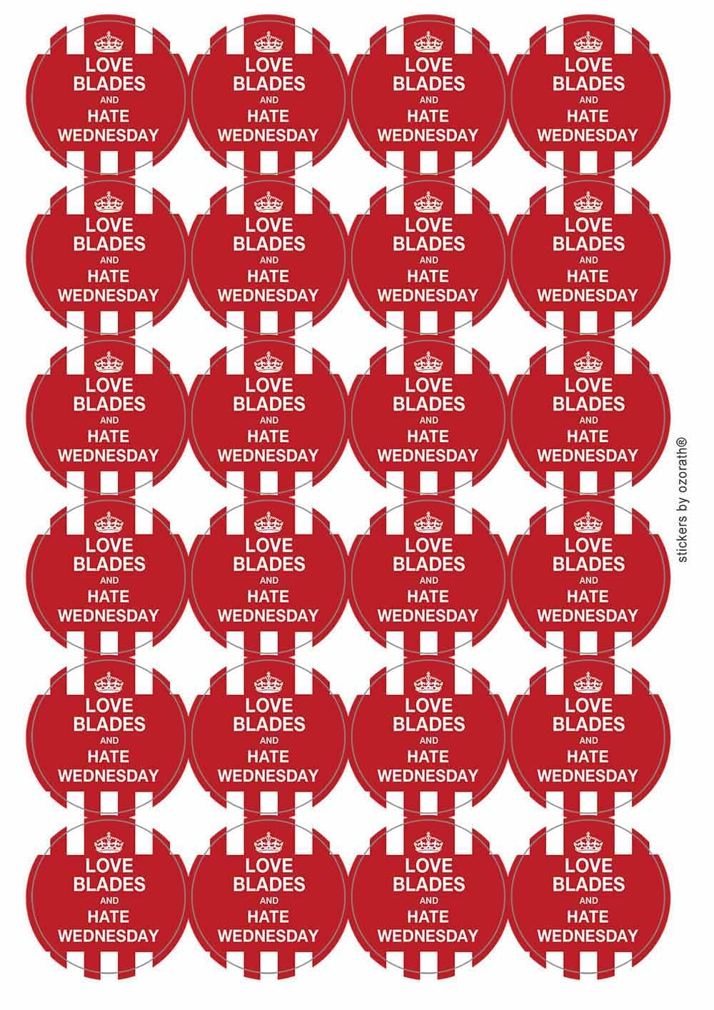 Love Blades Hate Wednesday Circular Matt Paper Stickers A4 Sheet of 24 (Each Sticker is 45mm Diameter)