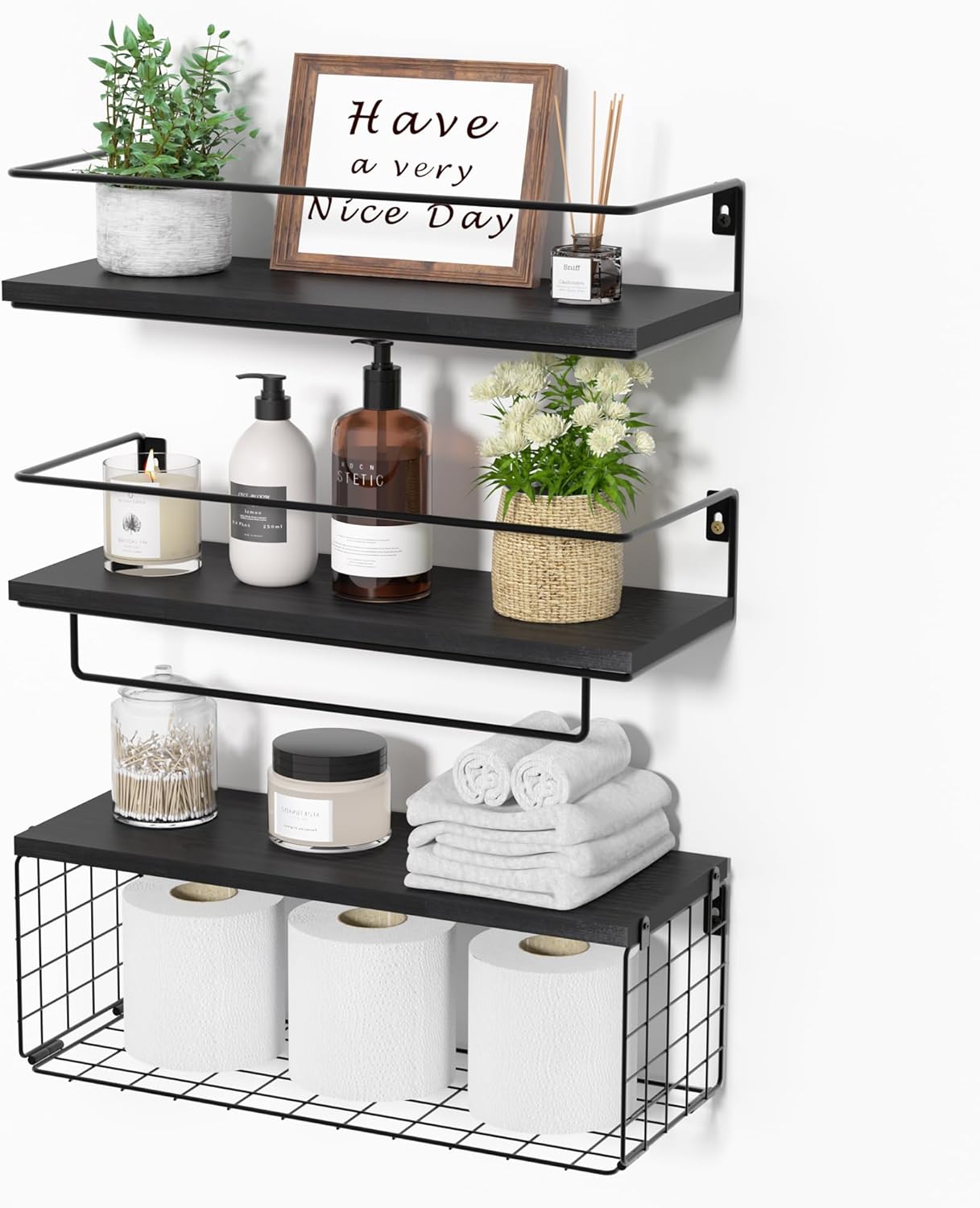 Bathroom Shelves with Wire Storage Basket, Wood Wall Mounted Floating