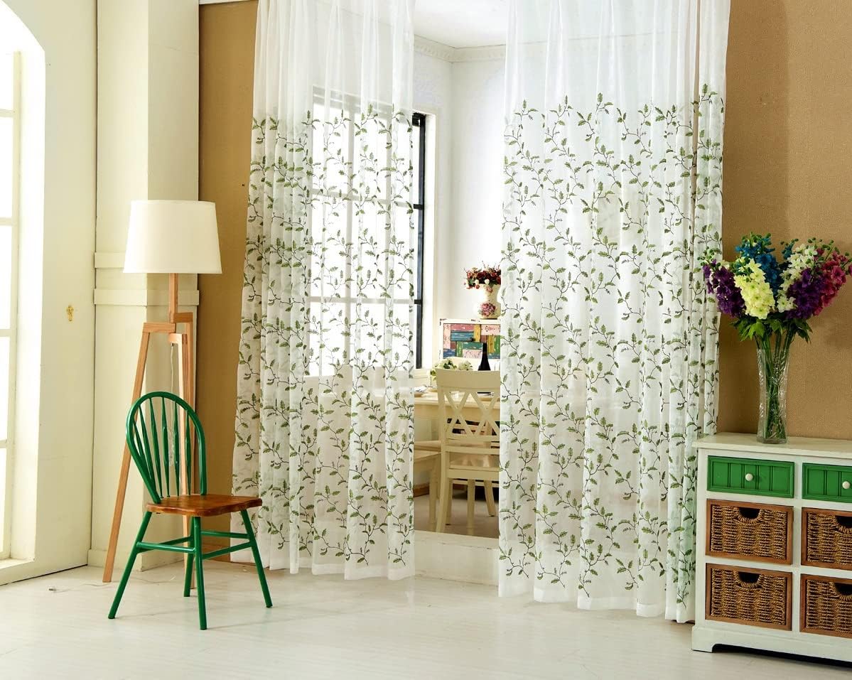 HooHero Green 100 Wide Beautiful Kids Nursery Sheer Curtains Bedroom Home Decoration American Country High Grade Leaf Embroidery Curtians Voile Panel
