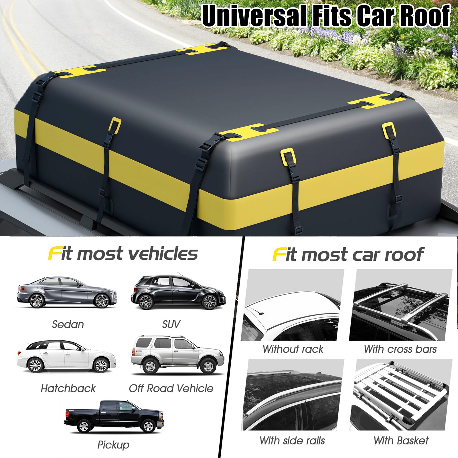 SOARS Box Tetto Auto 600 Litri, Portapacchi Auto Tetto 100 X 130 X 44 CM, Impermeabile con Tappetino Antiscivolo e Borsa per il Trasporto, Porta Bagagli Universale per Auto, SUV (Nero+Giallo-600L)