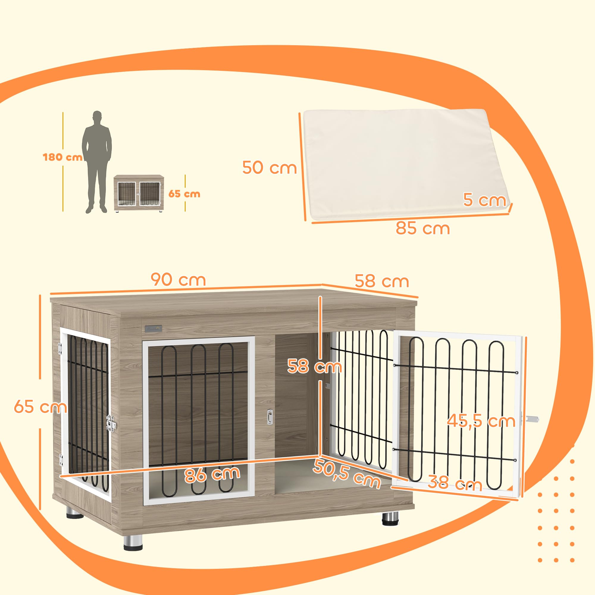 PawHut - Jaula para perro, mueble de jaula para perro, interior, mesa auxiliar multiusos con doble puerta y cojín, para perro, tamaño mediano y grande, 90 x 58 x 65 cm, aspecto nogal