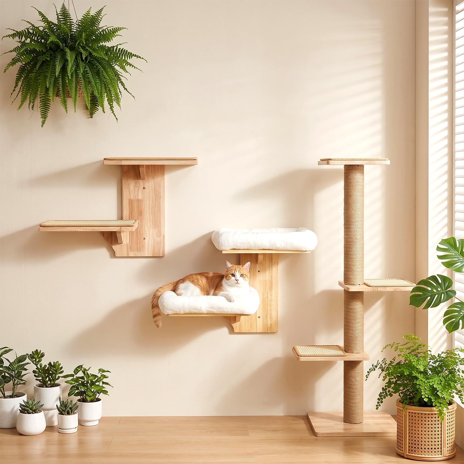 Kletterwand Katze, Doppellagig Plattform-Katzen-Wandmöbel aus Massives Gummiholz, Kleiner Katzenbaum, 40,6 cm Wandmontiertes Katzen mit Plüschbett, Wandregale zum Klettern, Spielen (Plüsch)