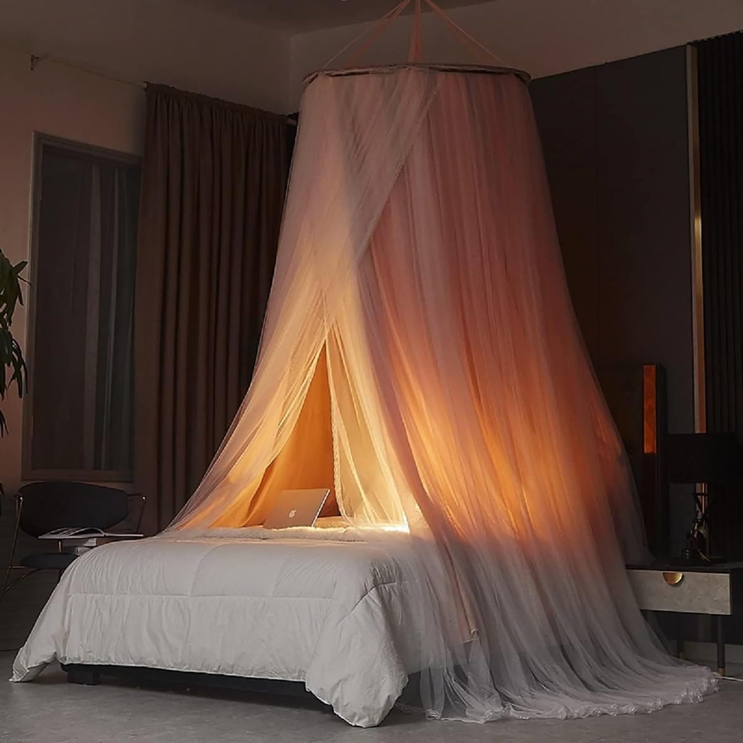 Round Dome Canopy Bed Curtains Mosquito Net Bed Canopy for Girls & Adults Double Layer Princess Round Dome Canopies Bed Curtain,Yellow