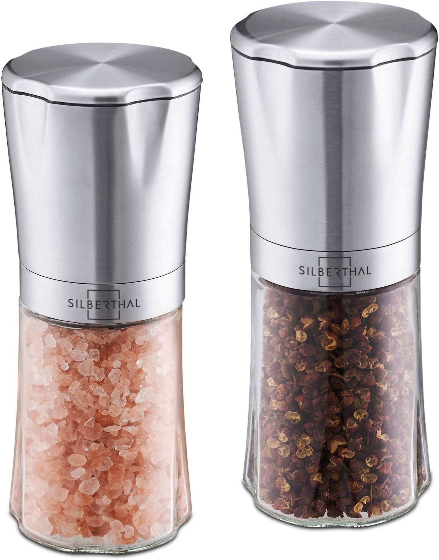 SILBERTHAL Salt and Pepper Mill Set | Manually Adjustable Grinding Size | Stainless Steel & Glass Body | Unfilled