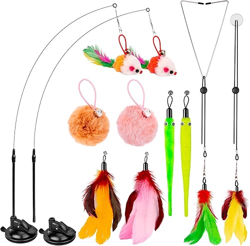 HOSFROLL Juguetes para gatos, paquete de 2 juguetes interactivos 3 en 1 para gatos de interior con súper ventosa pegajosa, desmontables, 10 piezas