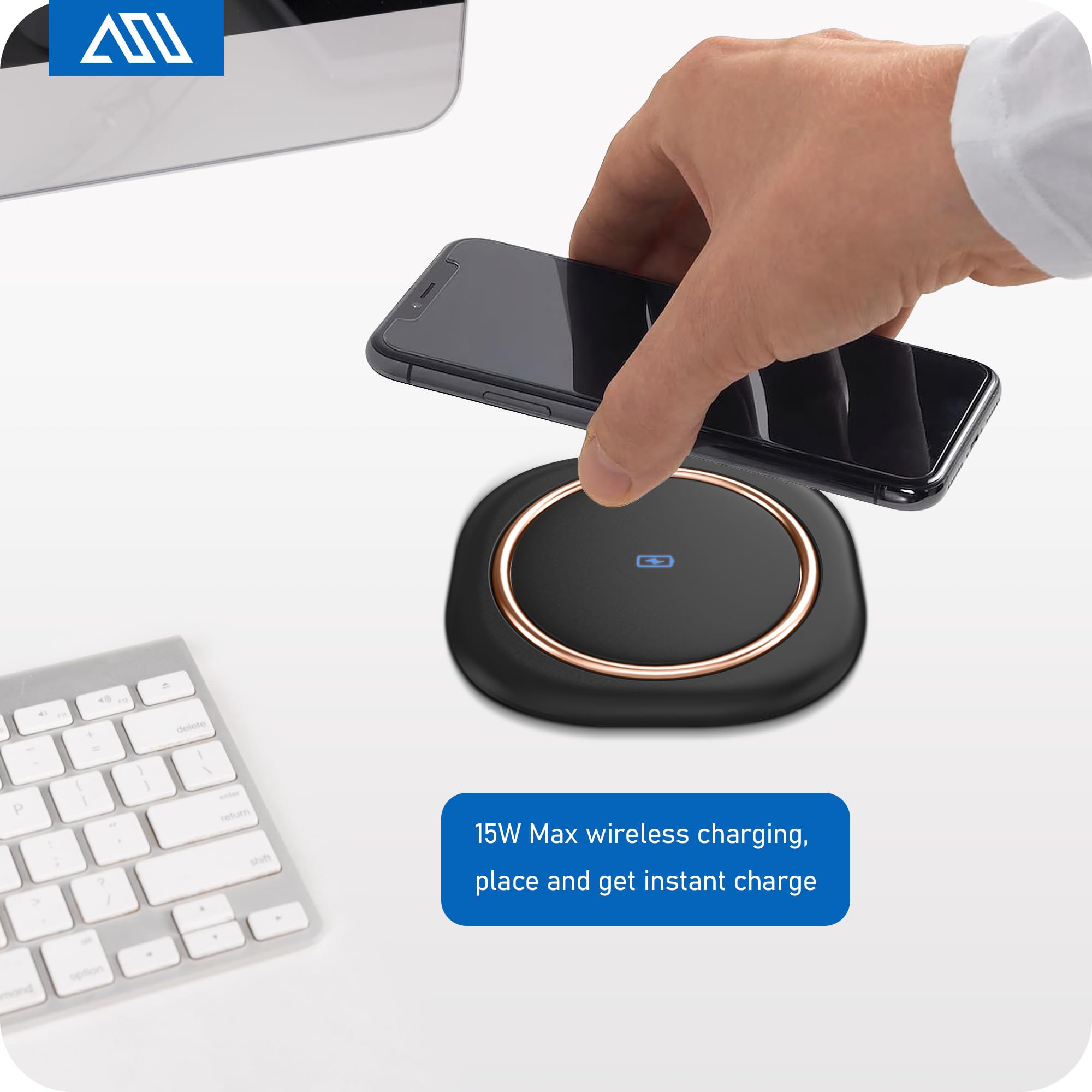 ANNQUAN Zmotoryzowane gniazdo na blat z bezprzewodową ładowarką 15 W, maks. moc 20 W, automatyczne wyskakujące gniazdko 8 cm, 4 gniazdka, 4 kable USB 3FT