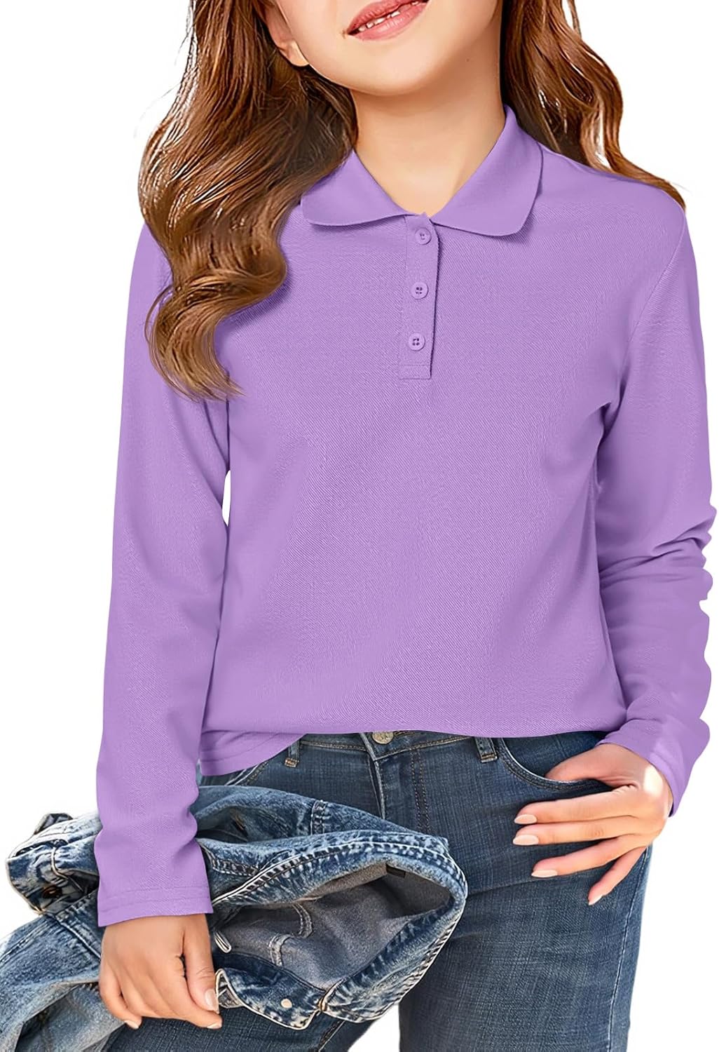 Haloumoning Girls School Uniform Long Sleeve Polo Shirt Kids Golf Pique Polo Shirts 5-14 Years