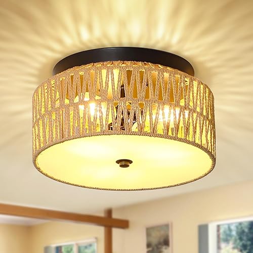 Rattan Ceiling Light,3-Lights Hand Woven Semi Flush Mount Ceiling Lights Fixture Boho Flush Mount Ceilings Lampst with PVC Plate for Bedroom Hallway