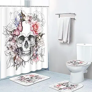 Britimes 4 Piece Shower Curtain Sets, Skull Flower with Non-Slip Rugs, Toilet Lid Cover and Bath Mat, for Bathroom Decor Set, 72" x 72"