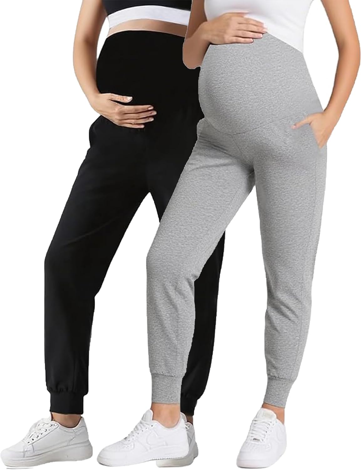 Peauty Women's Maternity Pants with Pockets,Over The Belly Stretchy Maternity Activewear Jogger Track Cuff Pregnancy Pants