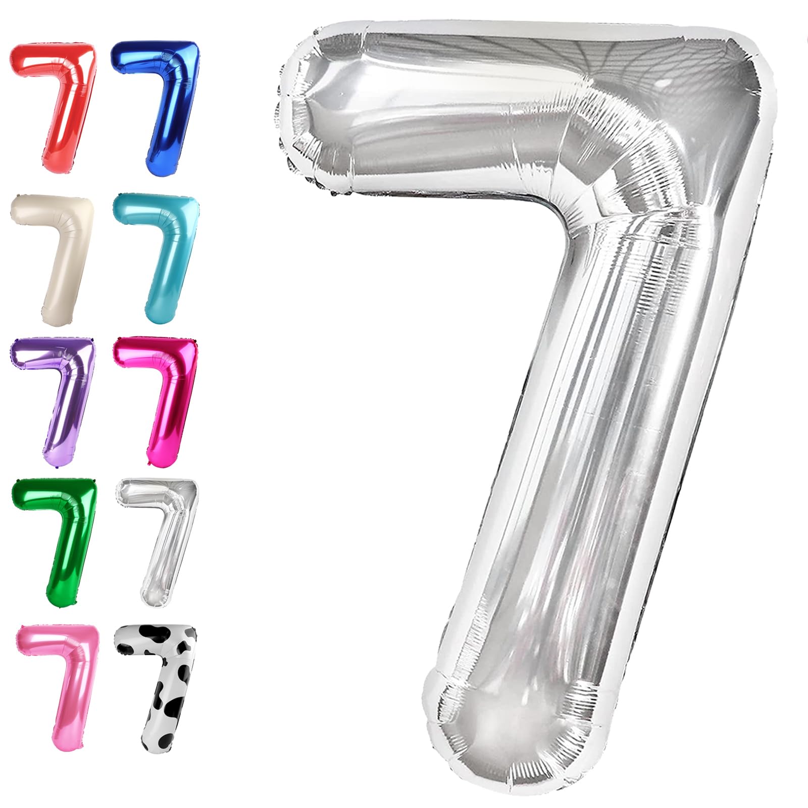 Silver Number 7 Birthday Balloon 40 Inch, Digital Balloons for 7 17 27 70 77 Party Celebration Decorations Supplies, Mylar Foil Numbers Balloon for