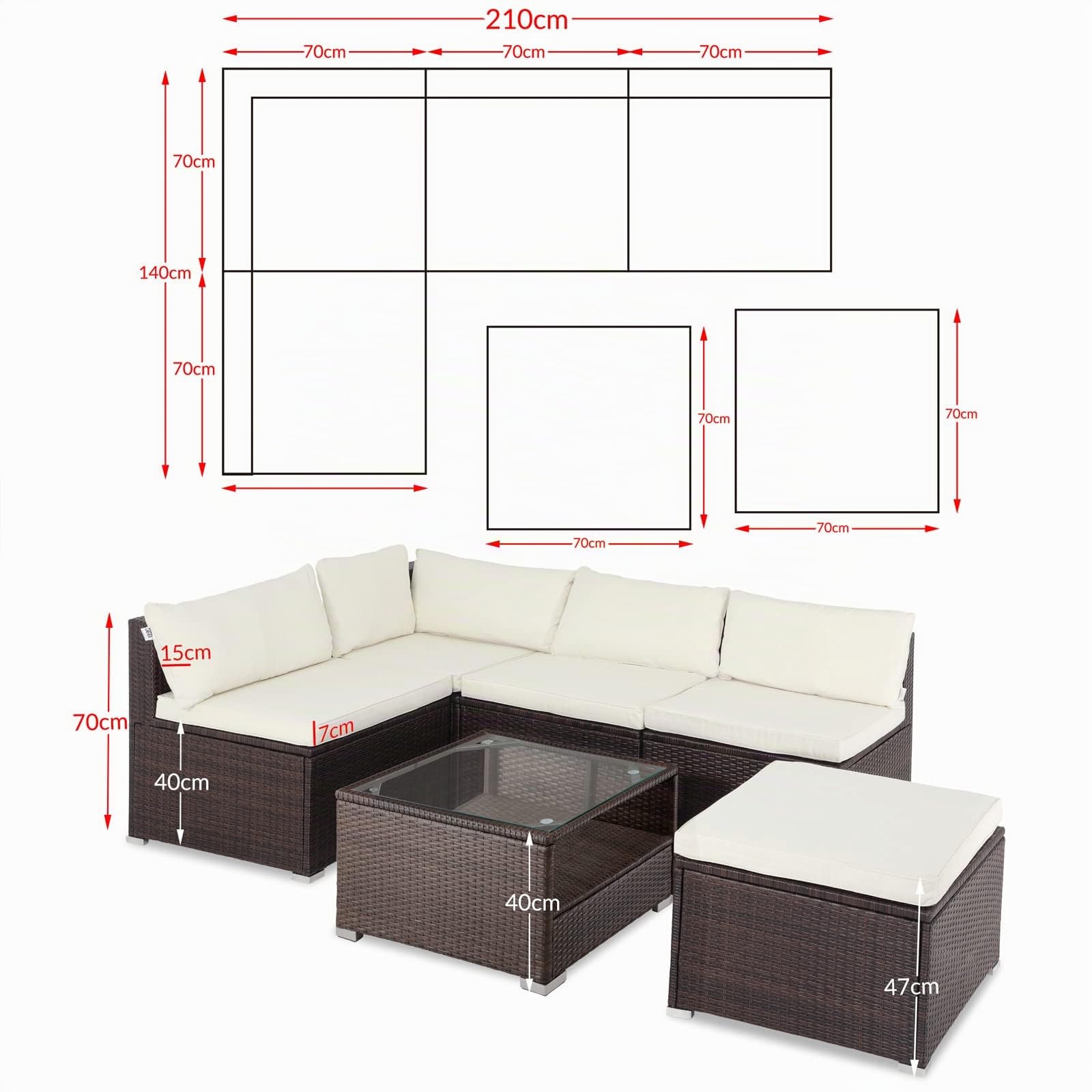Casaria Set Salotto in Polyrattan XL Cuscini Imbottiti Tavolo in Vetro Resistente Mobili Giardino Salottino Angolo Ripiano Extra
