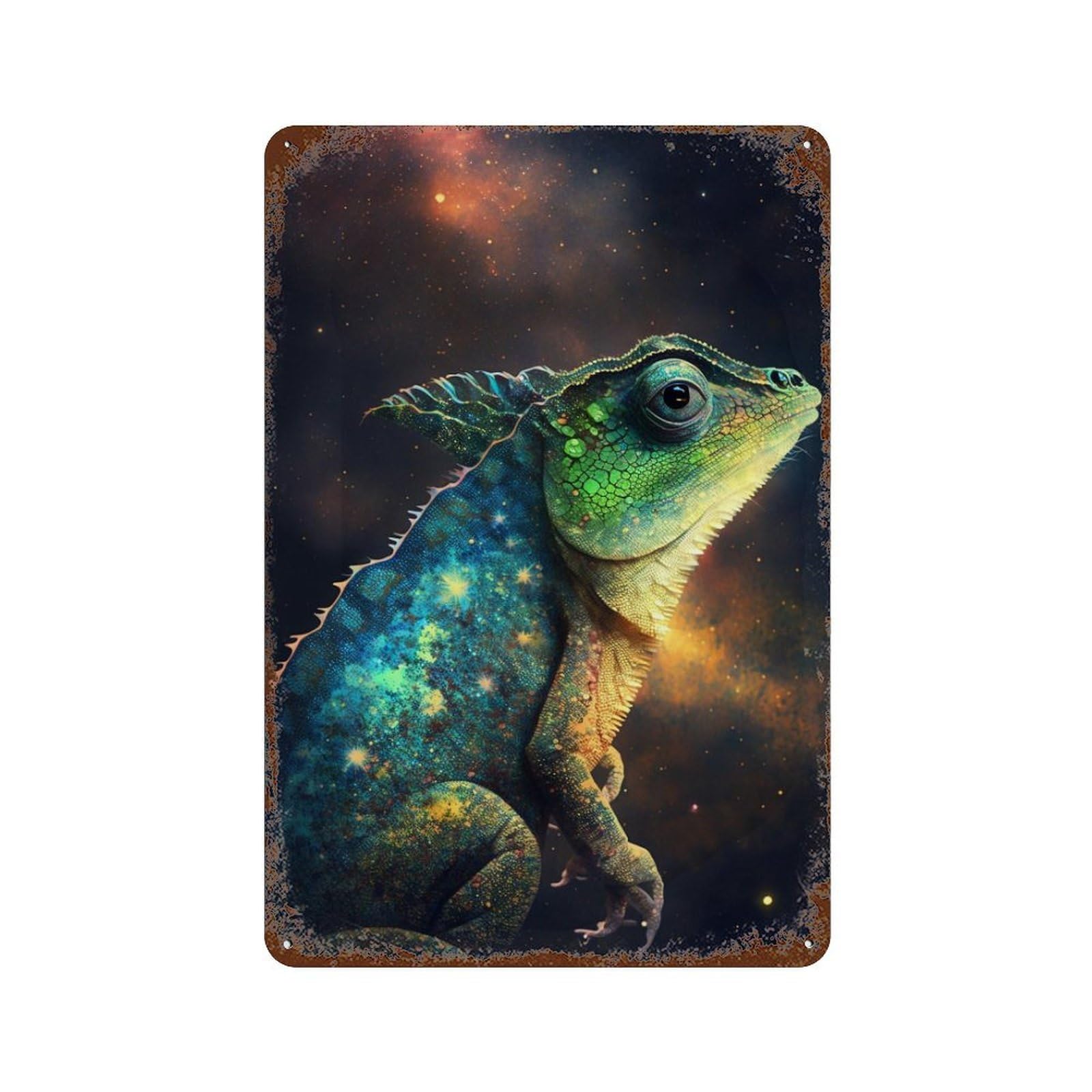 Distressed Metal Wall Sign Galactic Lizard Art Print-21 11.8"x7.9", Old School Wall Decor for Bistro, Counter And Cafe Decor