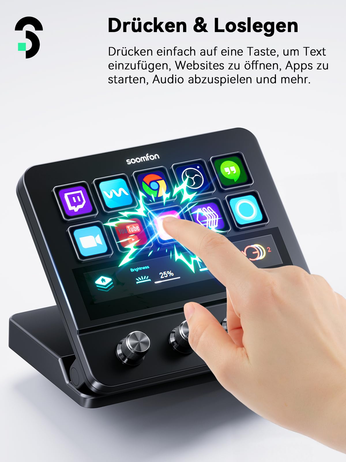 SOOMFON Stream Controller Deck, 10 Makrotasten 4 Drehknöpfen & Touchscreen | 2X USB-A&USB-C, kompatibel mit OBS, Voicemod, Twitch, PS, Youtube, ETS, ideal für Streaming Gaming Creator, Mac & Windows
