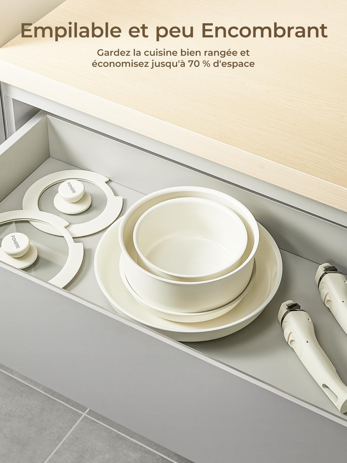 FOHERE Set Poêles et Casseroles Induction Céramique Antiadhésif 8 Pièces | Avec 2 Poignées Amovibles et 2 Couvercles, Poêles 20/28 cm, Casserole 16/20 cm, Tous Feux Y Compris Induction, Aluminium