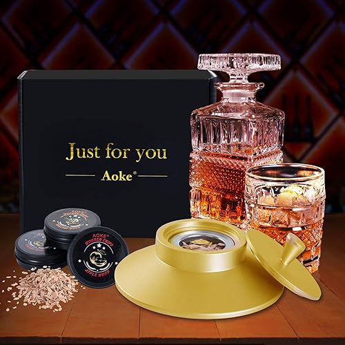 Miniatura 6 de AOKE - Kit de ahumador de whisky metálico dorado con chips de madera de 4 sabores para whisky y bourbon, kit de ahumador antiguo para mejorar los