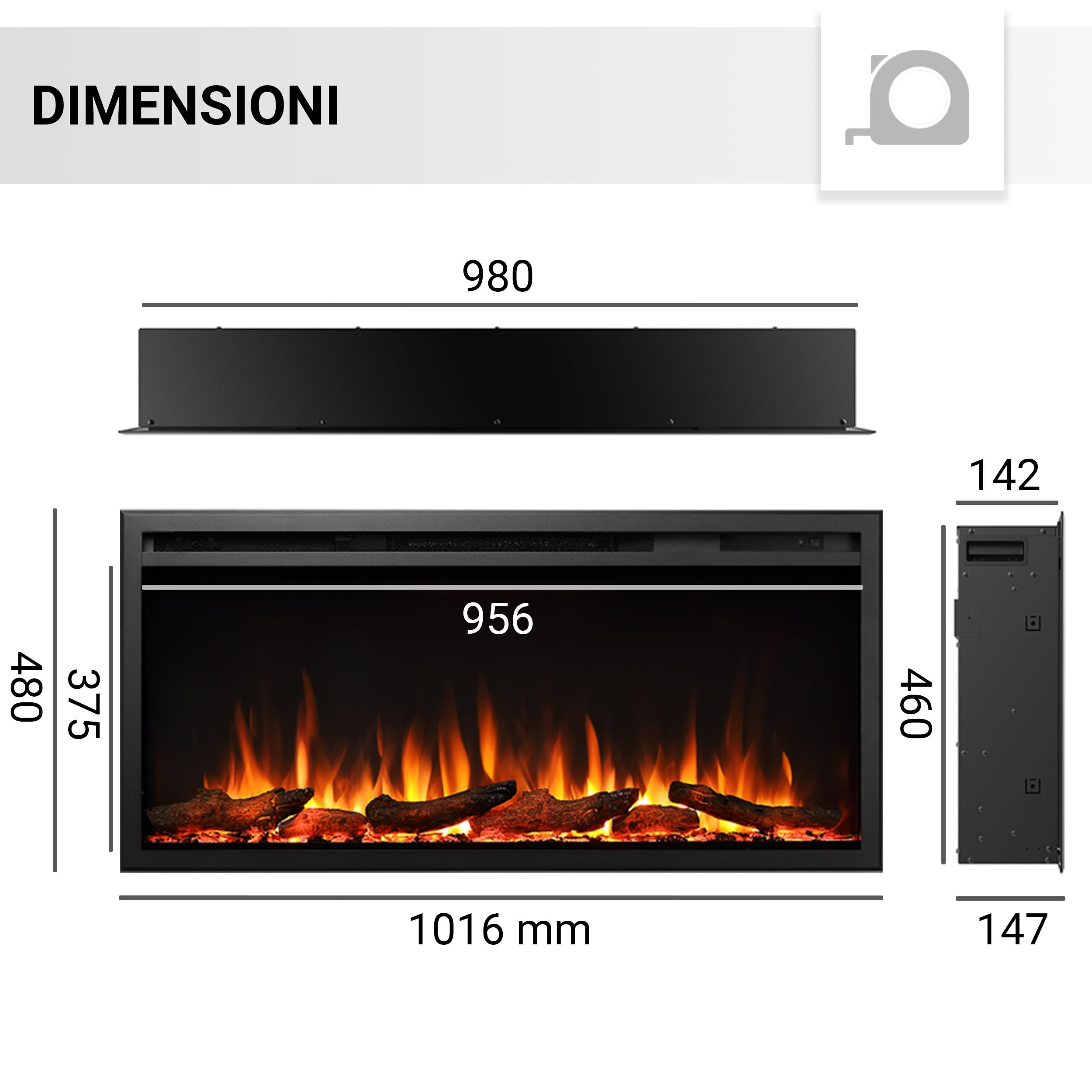 Balderia camino elettrico Atalanta | Caminetto a incasso effetto fiamma 3D | Riscaldamento elettrico 1500W, LED, comando via app, crepitio | Nero