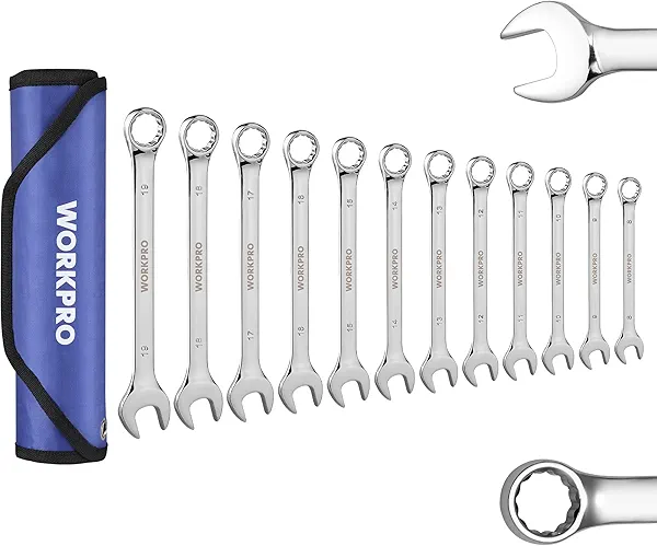 WORKPRO 12-Piece Combination Wrench Set, Metric 8-19mm, Premium Cr-V Wrench Sets, 12PT, Mirror Polish Chrome Plating with Rolling Pouch