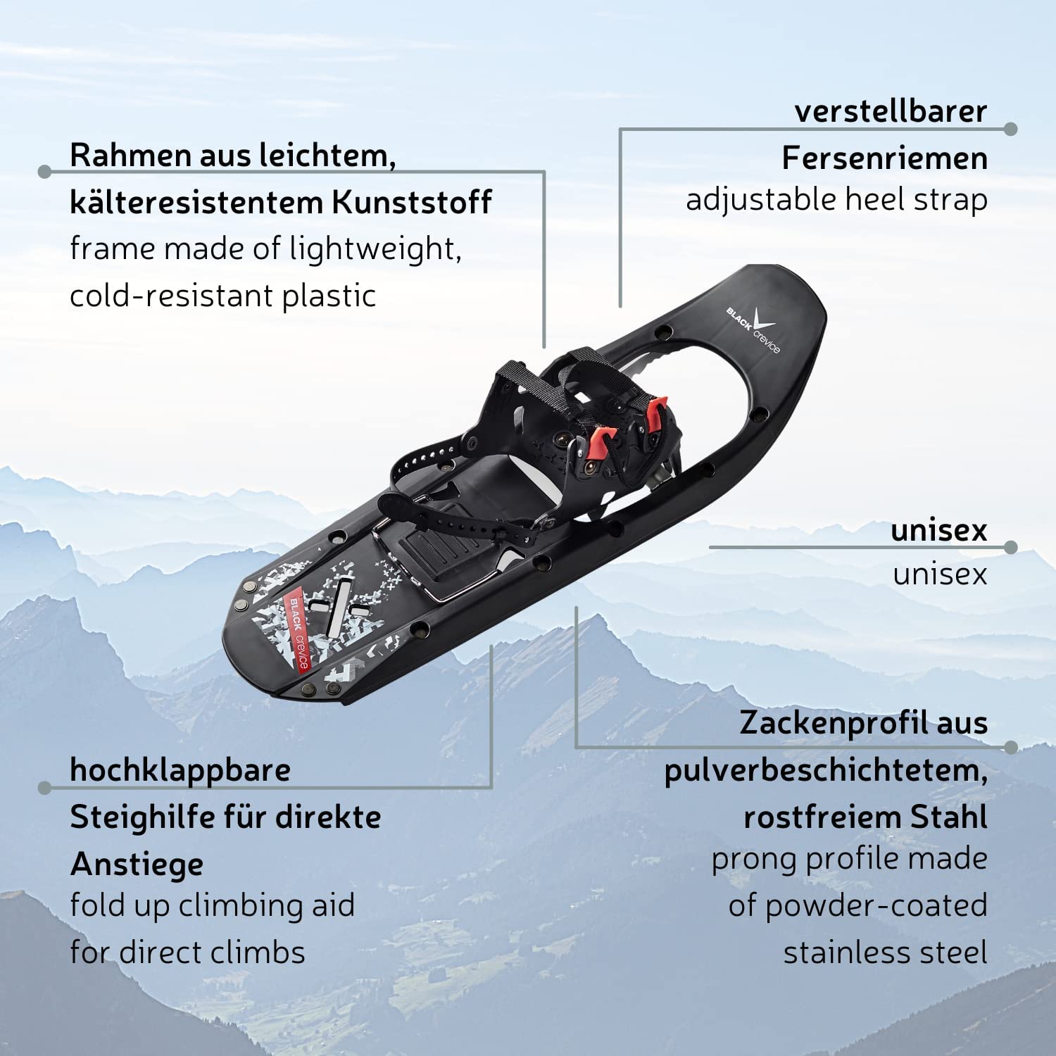 Black Crevice Schneeschuhe Herren & Damen I Schneeschuhe zum Wandern aus leichtem Kunststoff I Schnee-Schuhe für Schuhegröße 36 bis 48 I Zwei versch. Größen für untersch. Tragkraft