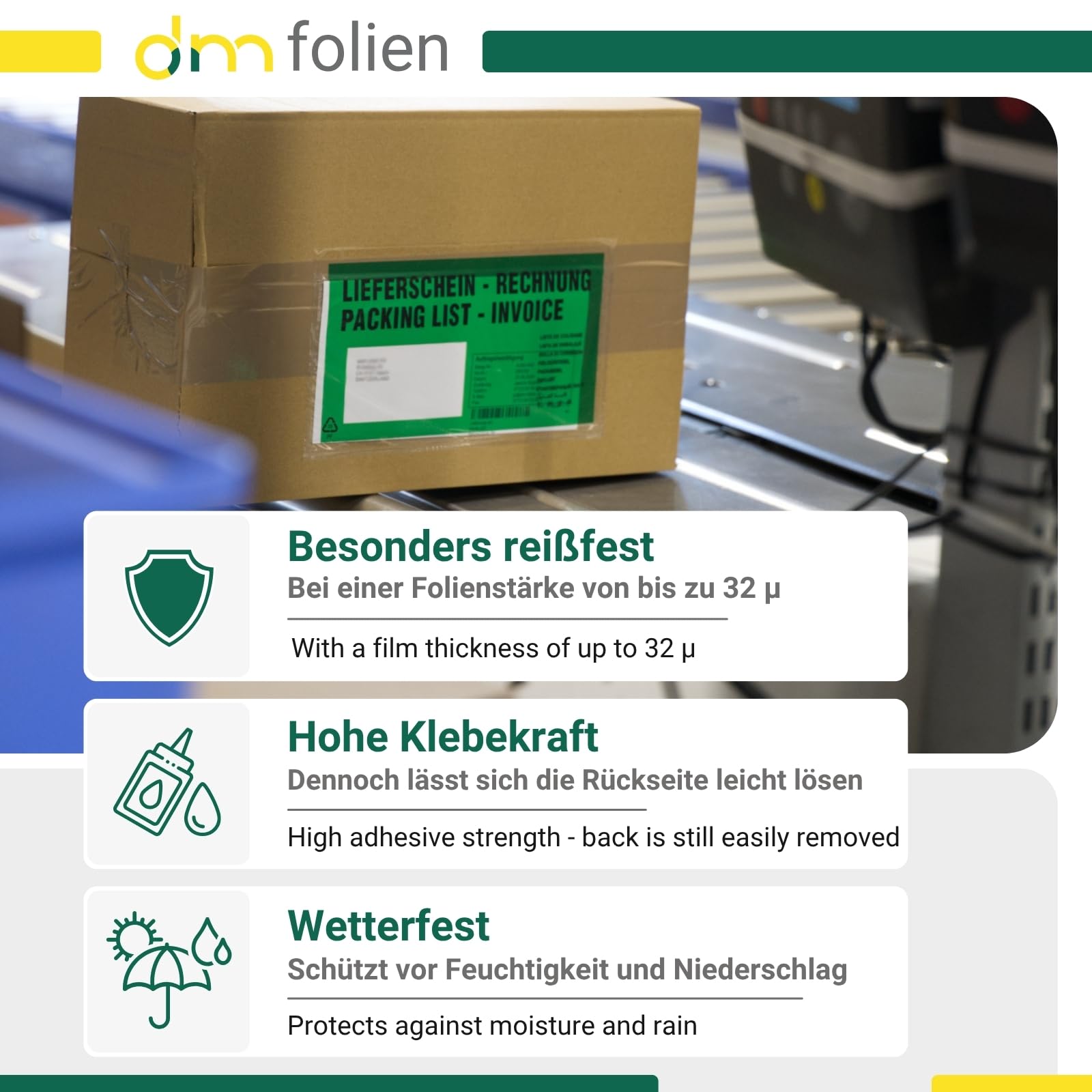 dm-folien Lieferscheintaschen DIN LANG I 1000 Stück I Selbstklebende Versandtaschen mit Aufdruck I Blau-transparentes Paketzubehör für Lieferscheine & Rechnungen I Versandzubehör aus PP