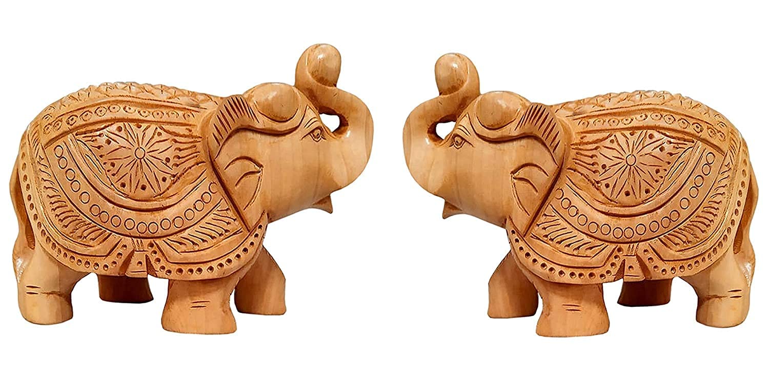 Buy Kaka jiji Handicraft Wooden Decorative 3 Inches Elephant Statue Showpiece Gift Set of 2 I