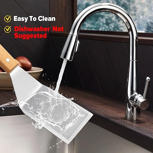 Miniatura 6 de Juego de espátulas de metal, espátulas de plancha para pescado, espátula de acero inoxidable con mango de madera, espátulas con bordes biselados